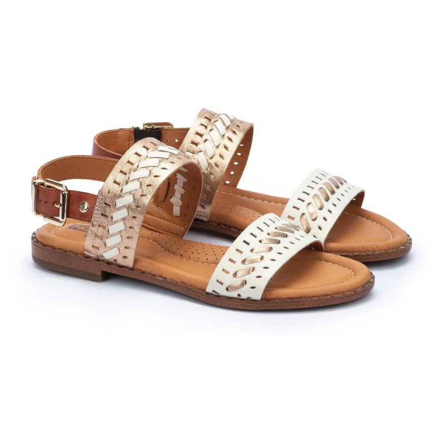 White / Gold Pikolinos ALGAR Women's Flat Sandals | BILM21368